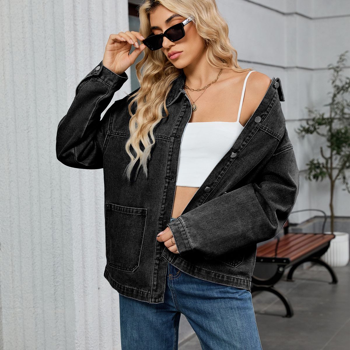 Vintage Denim Jacket For Women - Relaxed Fit Long Sleeve Oversized Shirt Coat With Classic Collar, Retro Blue & Black Grey_mkmklike.com
