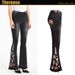 Women's Clothing Elastic Embroidered Flower Flared Pants Black Jeans Trousers_mkmklike.com