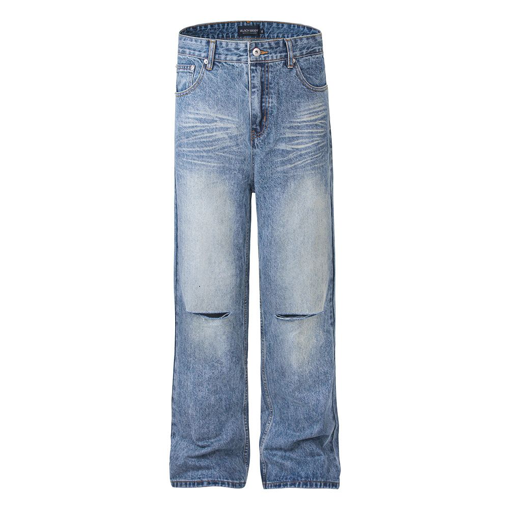 American Distressed Straight-Leg Jeans For Men, Washed And Vintage Design, Knife Cut Street Style Loose Wide-Leg Pants_mkmklike.com