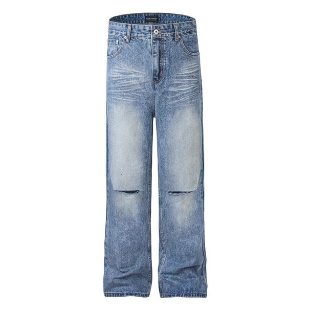 American Distressed Straight-Leg Jeans For Men, Washed And Vintage Design, Knife Cut Street Style Loose Wide-Leg Pants_mkmklike.com