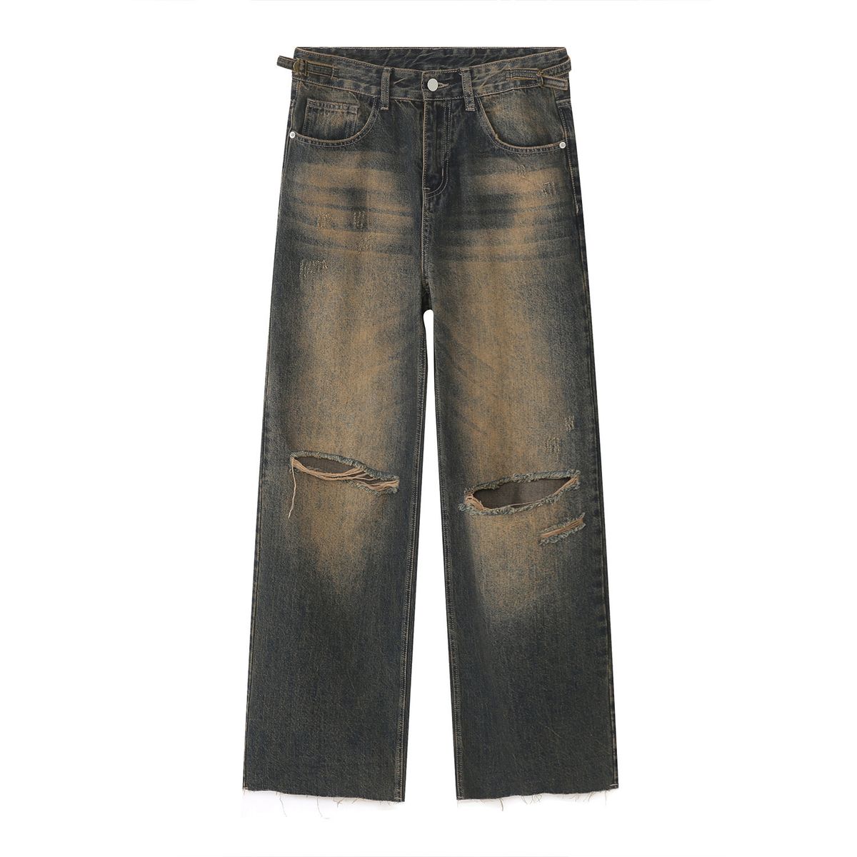 EF JEANS | 2023 New Hong Kong Style Retro Old Rust Earth Color Ripped Rough Edge Denim Trousers For Men And Women_mkmklike.com