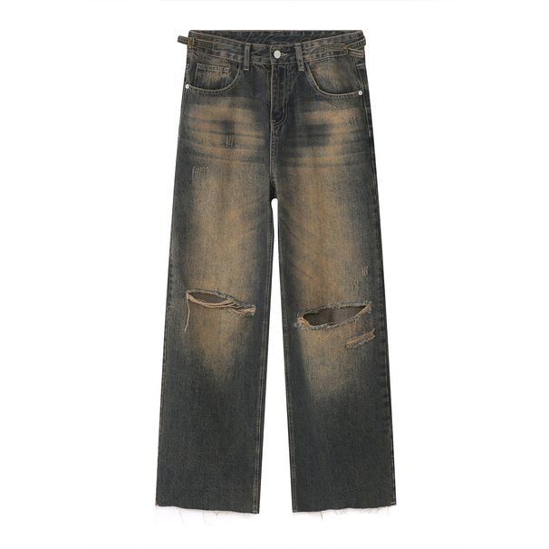 EF JEANS | 2023 New Hong Kong Style Retro Old Rust Earth Color Ripped Rough Edge Denim Trousers For Men And Women_mkmklike.com