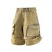 Heavyweight Yellow Mud Dyed Distressed Workwear Denim Shorts, Men's Summer Trendy Multi Pocket Loose Fitting Five Point Pants_mkmklike.com