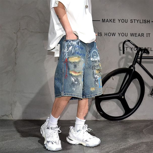 Men's Clothing Men's Trendy Loose Wide Leg Denim Shorts Graffiti Design High Street Style Five Point Pants Mid Length Straight Leg_mkmklike.com