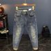 New Men's Slim Fit Skinny Jeans Spring Summer High Stretch Blue Printed Ripped Cropped Denim_mkmklike.com
