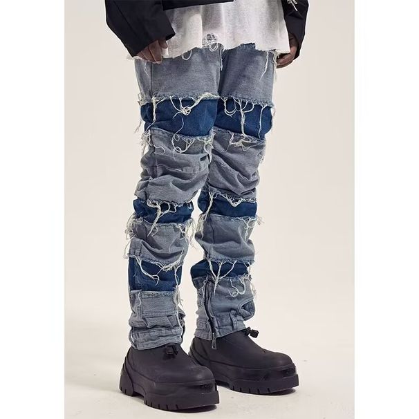 Vintage Washed Denim Jeans – High-Street Style, Relaxed Fit, Deconstructed Details (Blue, Sizes S-3XL)_mkmklike.com