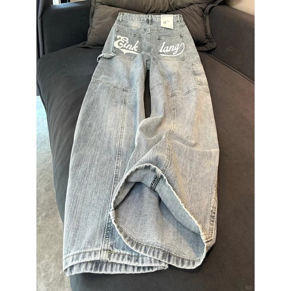 Women's High-Waisted Retro Wide-Leg Jeans – Vintage Letter Print & Comfort Fit (S-XL, Light Blue)_mkmklike.com