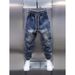 Retro Patchwork Jeans – Distressed Washed Denim Pants With Adjustable Drawstring & Tapered Leg (S-3XL, Vintage Blue, Cotton Comfort)_mkmklike.com