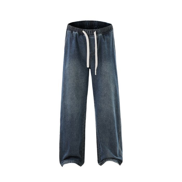 Men's Relaxed Fit Straight Leg Jeans – Stretch Waist Rope Tie Vintage Washed Denim (S-XXXL)_mkmklike.com