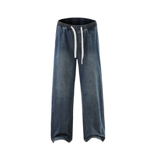 Men's Relaxed Fit Straight Leg Jeans – Stretch Waist Rope Tie Vintage Washed Denim (S-XXXL)_mkmklike.com