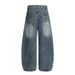 American High Street Washed White Blade Jeans Men's Vibe Trendy Fun Embroidered Dachshund Puppy Wide Leg Pants_mkmklike.com