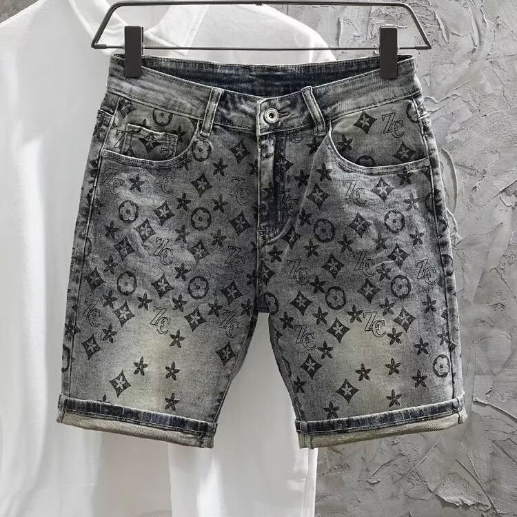 Summer High End Printed Denim Shorts for Men Slim Fit Tapered Leg Korean Style Trendy Five Point Pants_mkmklike.com