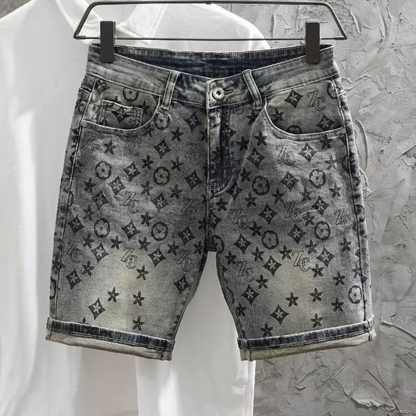 Summer High End Printed Denim Shorts for Men Slim Fit Tapered Leg Korean Style Trendy Five Point Pants_mkmklike.com