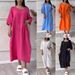 Women's New Cotton and Linen Pure Color Casual Round Neck Button Long Dress _mkmklike.com