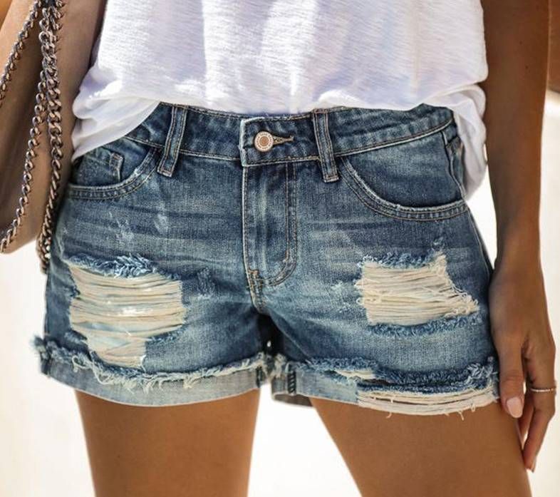 Summer Women's Pants Jeans Pure Color Hole Free Fft Denim Shorts Old Broken Style Denim Jeans Pantalones De Mujer_mkmklike.com