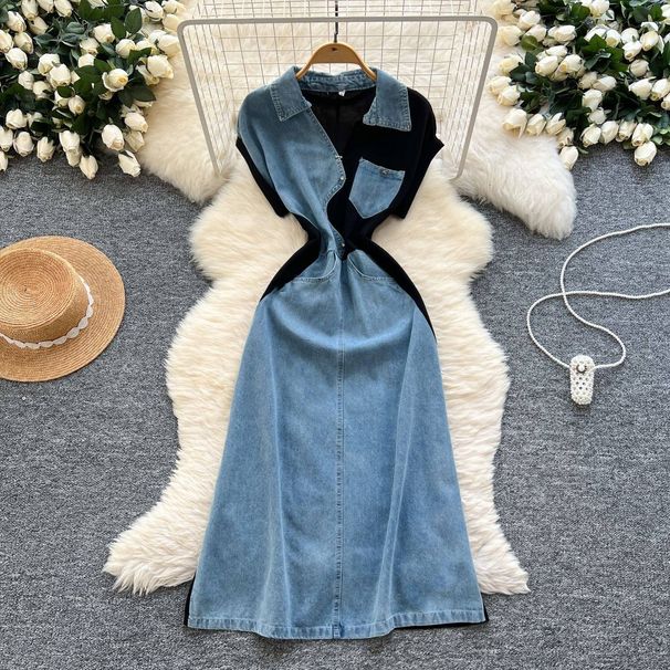 Women's Clothing Retro Lapel Sleeveless Denim Dress Summer Irregular Splicing Royal Sister Light Luxury Mid Length Skirt_mkmklike.com