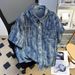 Vintage Blue Denim Shirt Jacket – Summer Lightweight Distressed Tie-Dye Design With Shoulder Pads & Short Sleeve T-Shirt Style_mkmklike.com