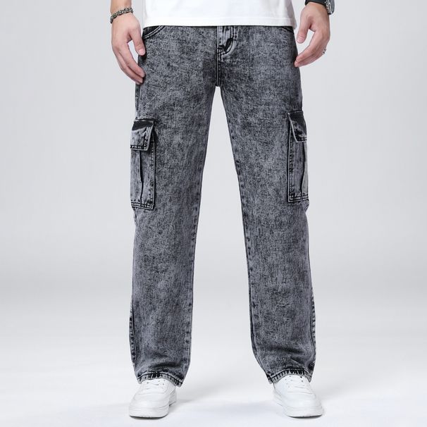 Men's Loose Fit Cargo Jeans - Trendy Straight Leg Denim Pants For All Seasons (Black, Light Blue)_mkmklike.com