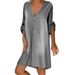 Women's Clothing V Neck Buttoned Pullover Mid Sleeve Denim Dress_mkmklike.com