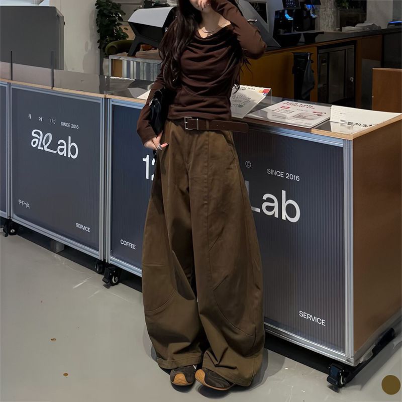 Retro Coffee Scimitar Tooling Jeans Women's Autumn High Waist Loose Wide Legs Mopping Trousers Tide_mkmklike.com