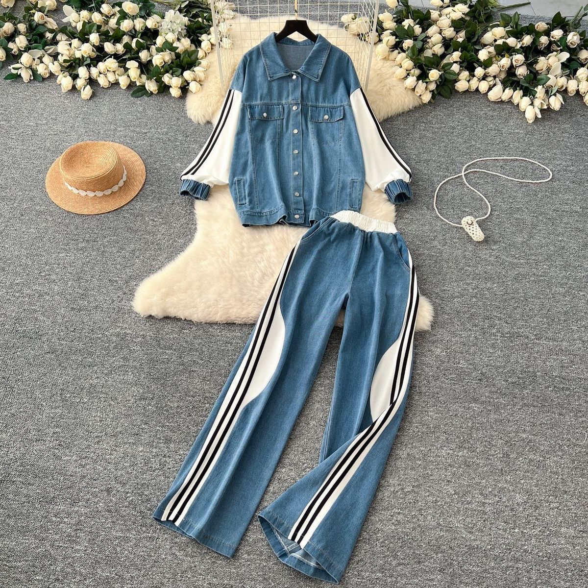 Casual Denim Two-Piece Set – Oversized Color-Block Top + High-Waisted Straight-Leg Pants (Euro-American Street Style)_mkmklike.com
