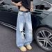 Unisex High Street Wide Leg Ripped Jeans Retro Trendy Loose Fitting Casual Floor Length Pants_mkmklike.com
