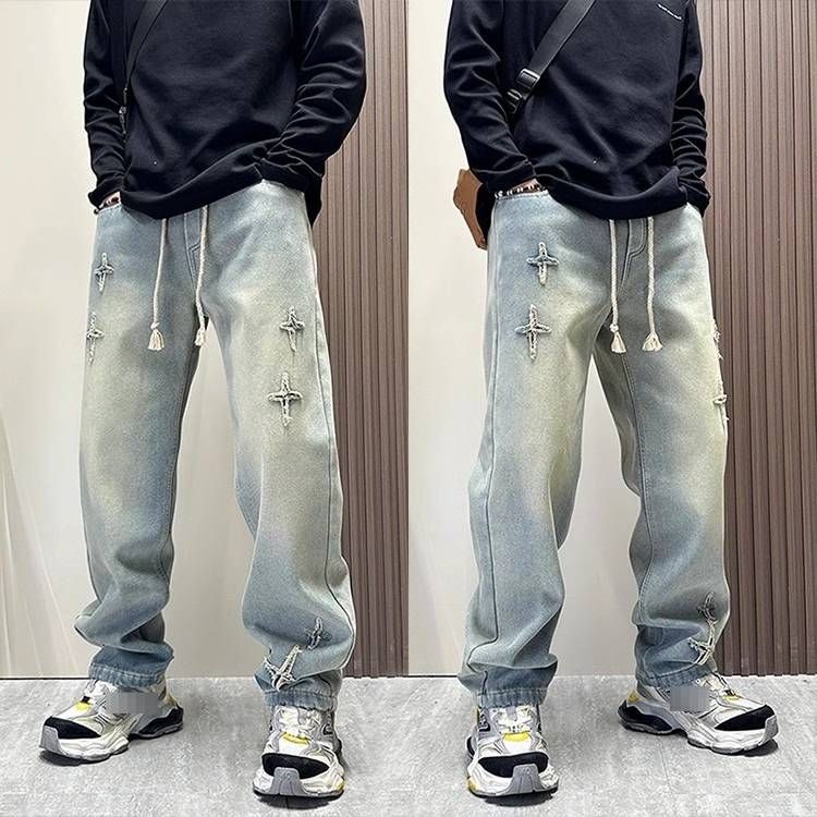 Men's Classic Straight-Leg Jeans – Vintage Washed Blue Denim Pants With Adjustable Drawstring & Relaxed Fit (Sizes S-3xl)_mkmklike.com