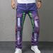 Men's Purple Distressed Skinny Jeans – Vintage Washed Denim Pants With Paint Splatter & Handmade Rips For Urban Streetwear_mkmklike.com