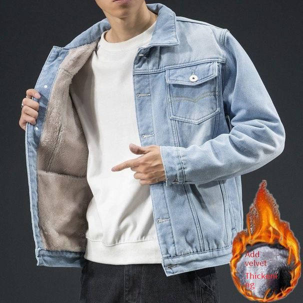 Men's Fleece-Lined Denim Jacket - Winter Warm Thickened Cotton Coat, Slim Fit Casual Stylish Outerwear With Multiple Pockets (Dark Blue/Light Blue)_mkmklike.com