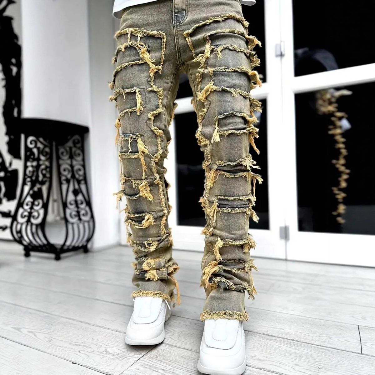 Men's Slim Fit Straight Leg Jeans - Vintage Blue Denim With Frayed Details & Streetwear Style_mkmklike.com