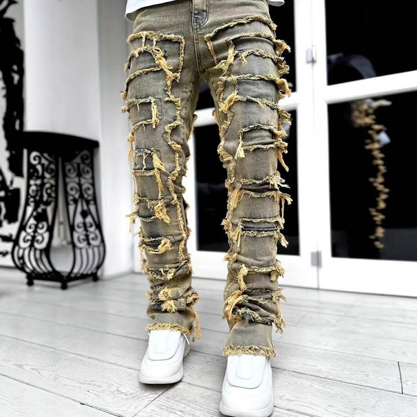 Men's Slim Fit Straight Leg Jeans - Vintage Blue Denim With Frayed Details & Streetwear Style_mkmklike.com
