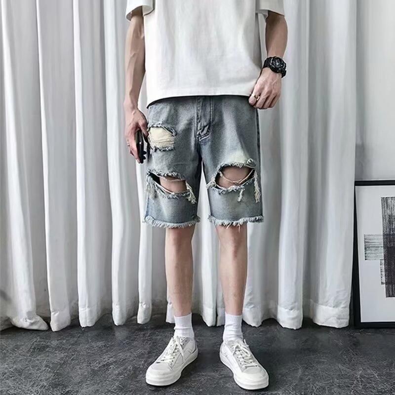 Men's Clothing Raw Edge Denim Shorts Men's Beach Pants Loose Casual Five Point Pants_mkmklike.com