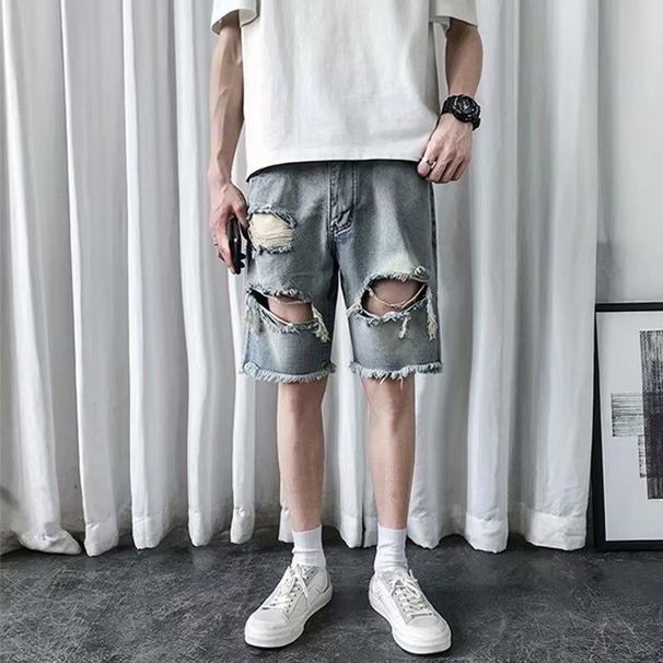 Men's Clothing Raw Edge Denim Shorts Men's Beach Pants Loose Casual Five Point Pants_mkmklike.com