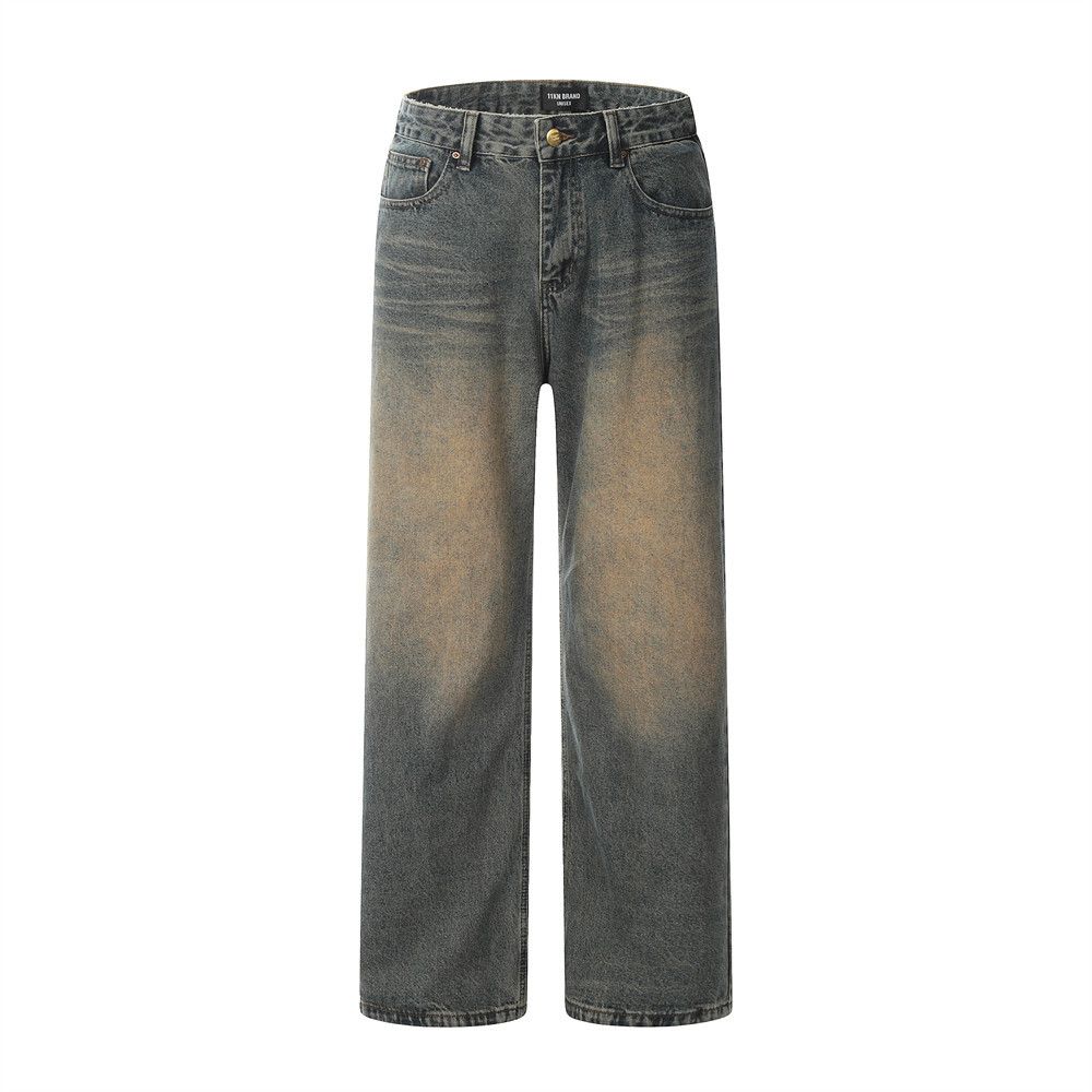 Waste Land Style Vintage Washed Denim Men's Street Fashion Simple Basic Versatile Loose Casual Straight Pants_mkmklike.com
