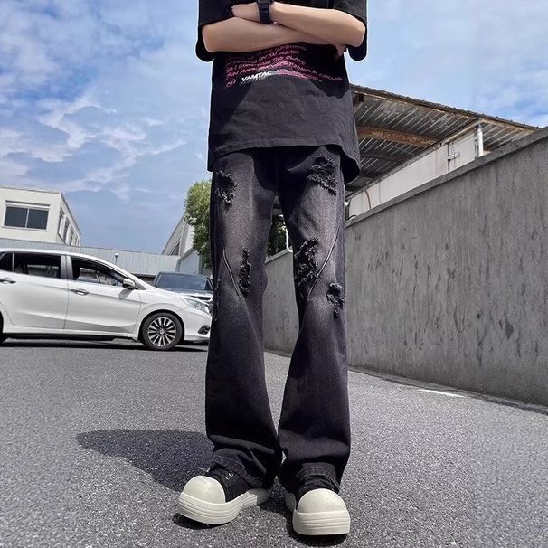 Men's High-Waist Straight Leg Bootcut Jeans Ripped Style Yellowish Brown Retro High Street Cool And Stylish For Summer_mkmklike.com