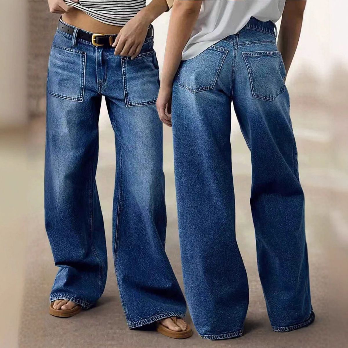 Women's mid Rise Stretch Straight Leg Jeans Casual Wide Leg Style with Front And Back Pockets Spring/Autumn Summer Cotton Denim_mkmklike.com