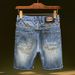 Men's Clothing Ripped Denim Shorts Trendy Retro Blue Distressed Straight Shorts Elastic Slim Fit Mended Shorts_mkmklike.com