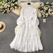Women's design, hollow lace lace, slim long version puff sleeve dress_mkmklike.com