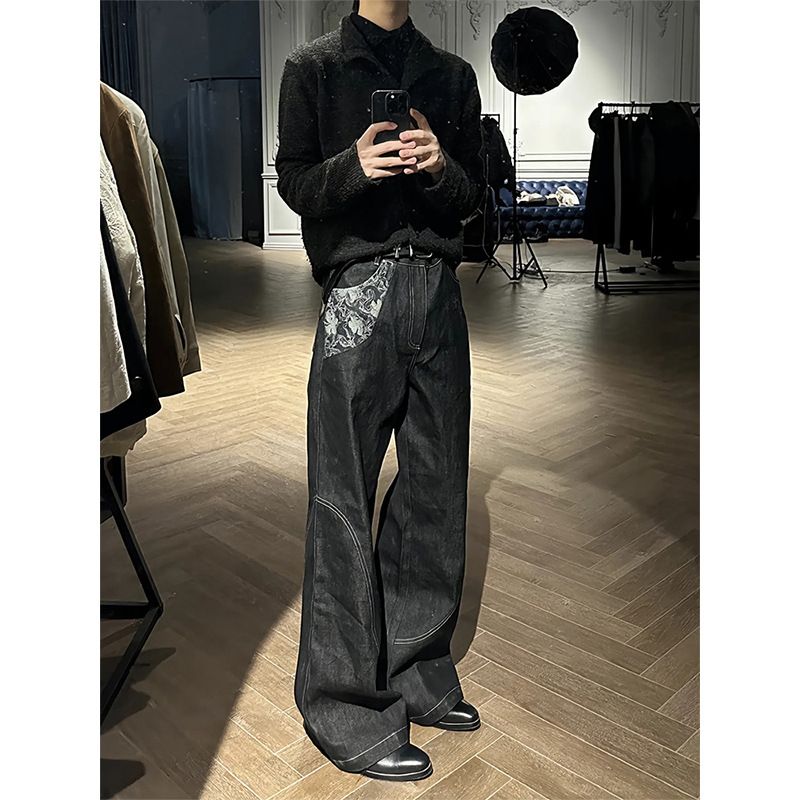 Snake Track Original Denim Narrow Selvedge Burnt Flower Flared Jeans Men's American Retro Jacquard Patchwork Pants Straight Trousers_mkmklike.com