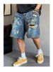 Hand Painted Graffiti Print Ripped Denim Shorts American Style High Waist Loose Fit Five Point Summer Fashion Kpop Casual Jeans_mkmklike.com
