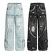 Streetwear Distressed Cargo Jeans – Oversized Straight Leg, Unisex, 80% Cotton, Mid-Rise, Raw Hem & Patchwork, Black & Blue, S-XL_mkmklike.com