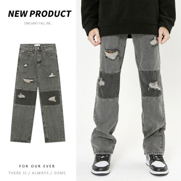 Men's Clothing Men's Printed Straight-Leg Jeans - Korean Streetwear Denim Pants With Artistic Design_mkmklike.com