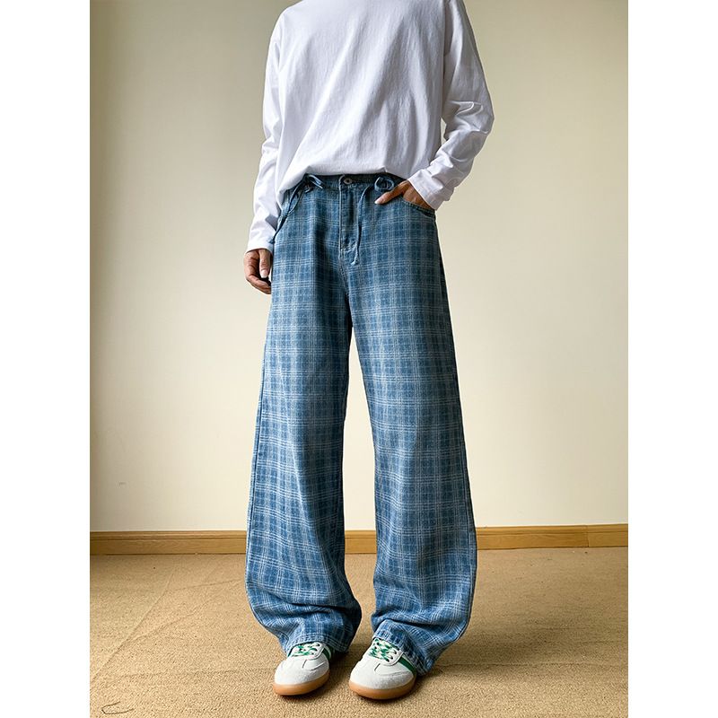 Men's Clothing Retro Wide Leg Flared Jeans For Men Blue Plaid Straight Leg Loose Fit Drape Scimitar Cut Long Pants For Teenagers_mkmklike.com