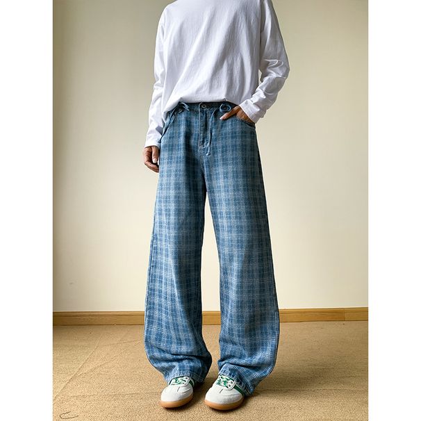 Men's Clothing Retro Wide Leg Flared Jeans For Men Blue Plaid Straight Leg Loose Fit Drape Scimitar Cut Long Pants For Teenagers_mkmklike.com