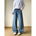 Men's Clothing Retro Wide Leg Flared Jeans For Men Blue Plaid Straight Leg Loose Fit Drape Scimitar Cut Long Pants For Teenagers_mkmklike.com