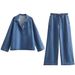 Oversized Denim Shirt & Pants Set – Trendy Long-Sleeve Button-Up Top With Matching Trousers (XS/S/M/L, Washed Polyester, Relaxed Fit)_mkmklike.com