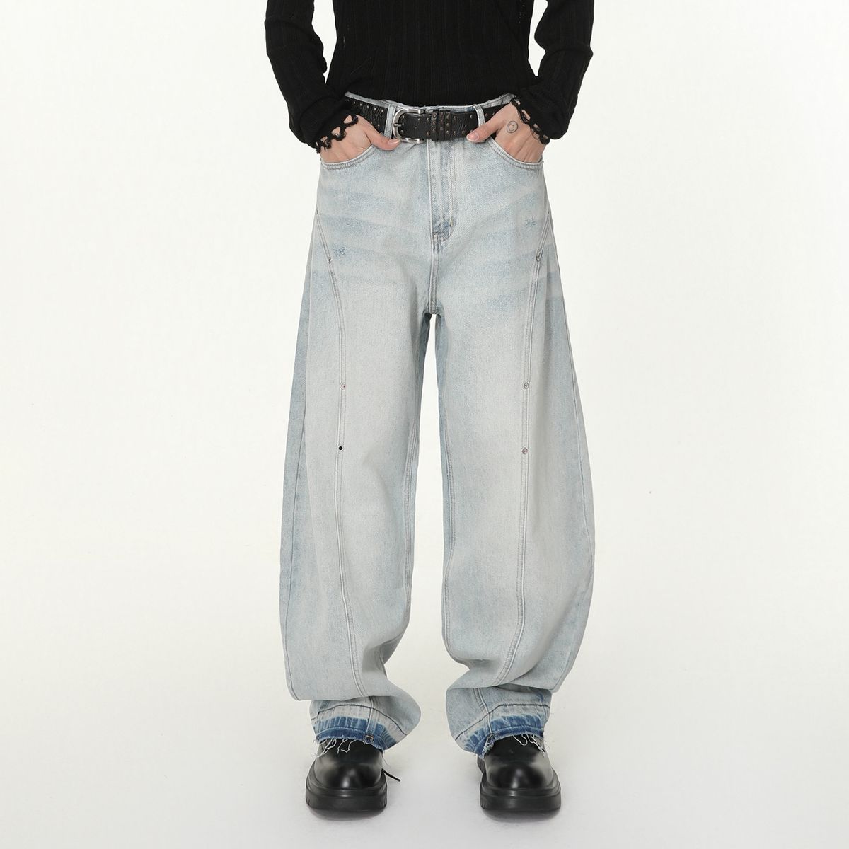 Men's Clothing Korean Distressed Wide-Leg Jeans – Cropped Frayed Hem, Asymmetrical Cut, Light Wash, No-Stretch Cotton Blend (Pale Blue)_mkmklike.com