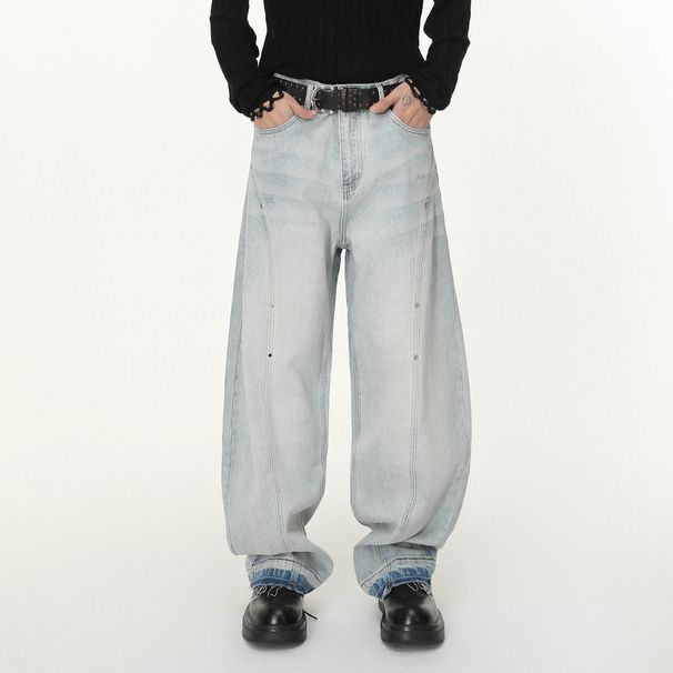 Men's Clothing Korean Distressed Wide-Leg Jeans – Cropped Frayed Hem, Asymmetrical Cut, Light Wash, No-Stretch Cotton Blend (Pale Blue)_mkmklike.com