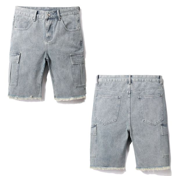 Men's Clothing Light Gray Cargo Denim Shorts For Young Men Summer Style Fashionable Casual Mid Length Clothing_mkmklike.com