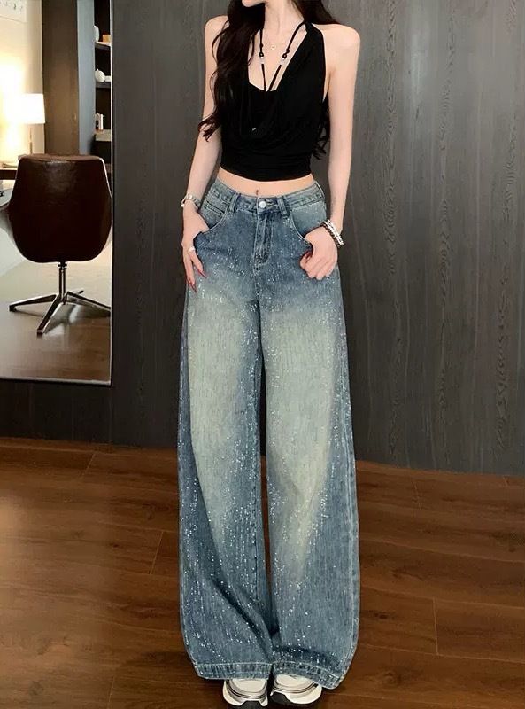 High-Waisted Floor-Length Jeans For Women Sparkling Rhinestones Luxurious Feel Perfect For Autumn_mkmklike.com